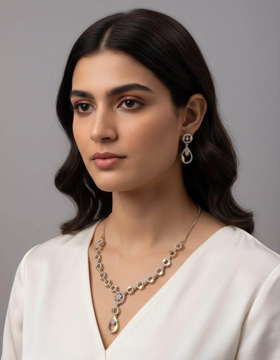 Gold and Diamond-Studded Necklace Set with Matching Earrings
