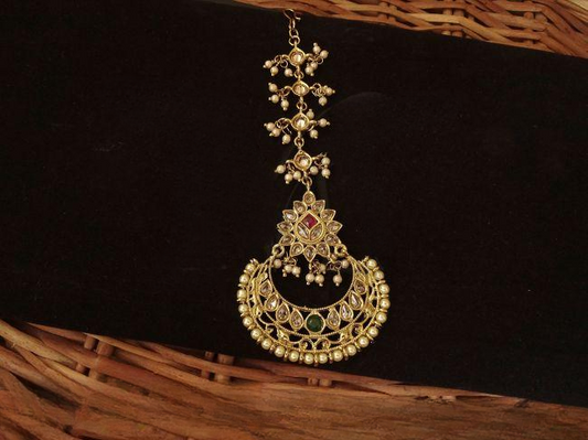 Clustered Moti Full Ruby Green Stone Chand Style  Maang Tikka