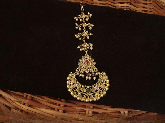 Polki Full Stone Chand Shape Mehendi Polish ruby green Manng Tikka