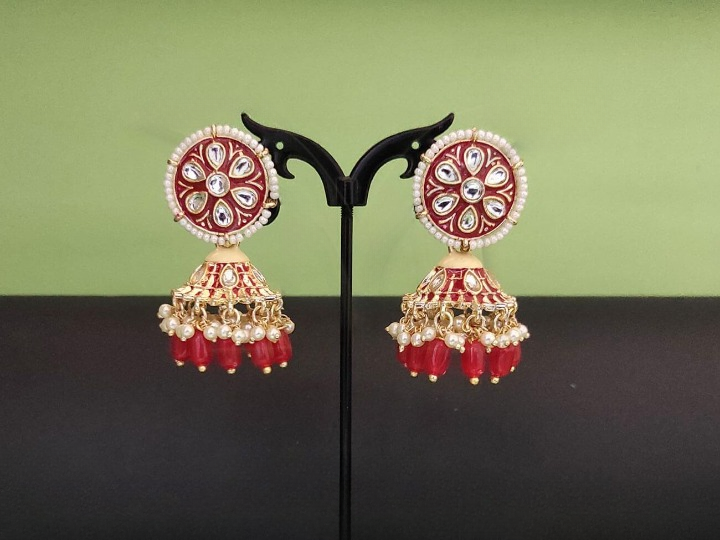 Meena Colouring Paan Red Stone Antique Jhumka Earring