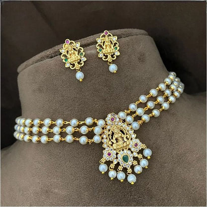Triple Strand Pearl Necklace Set | Gold Finish Goddess Lakshmi Pendant | Pearl Choker Set