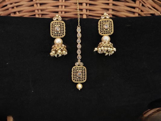 Antique Designer Mehendi Polish Clustered Pearl Party wear pearl stone  Maang Tikka With Earrings