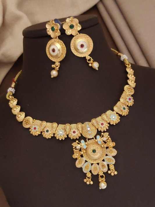 Lakshmi Temple Jewelry Set in Matte Gold Finish Necklace Set