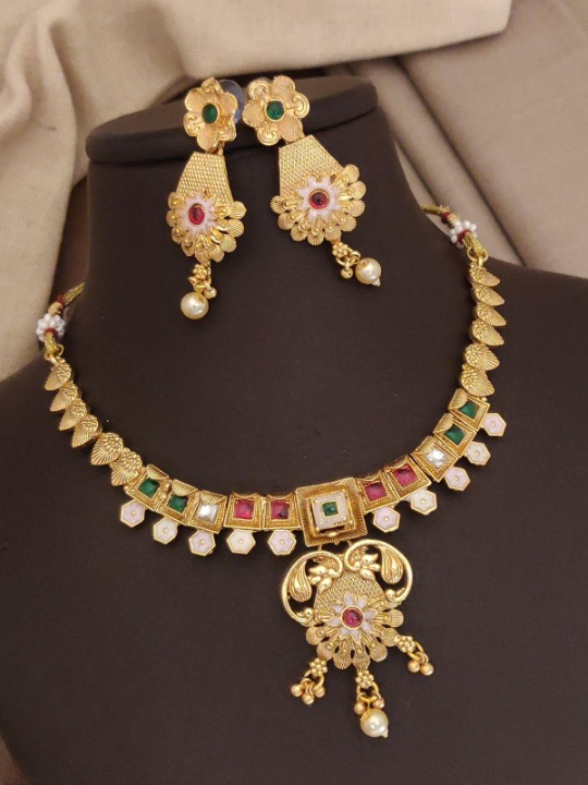 Beautiful Temple Jewellery High Gold Polish  Party Wear Necklace Set