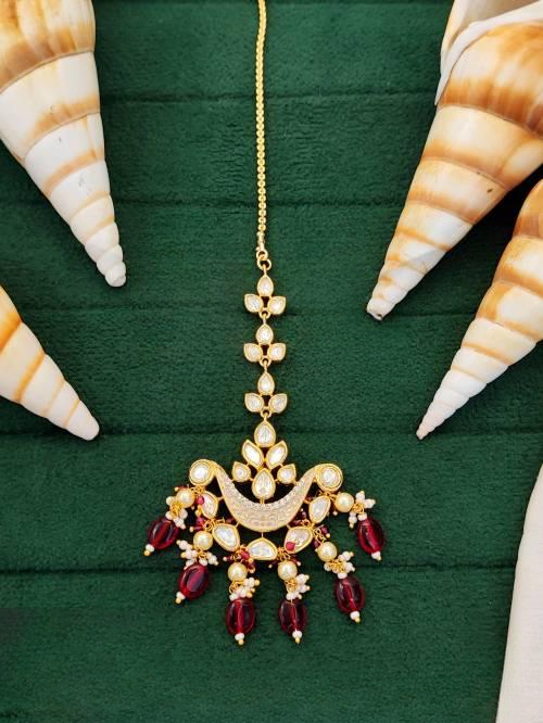 Elegant High Gold Ruby Maang Tikka in Leafy Motif