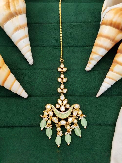 Elegant High Gold Mint Green Maang Tikka in Leafy Motif