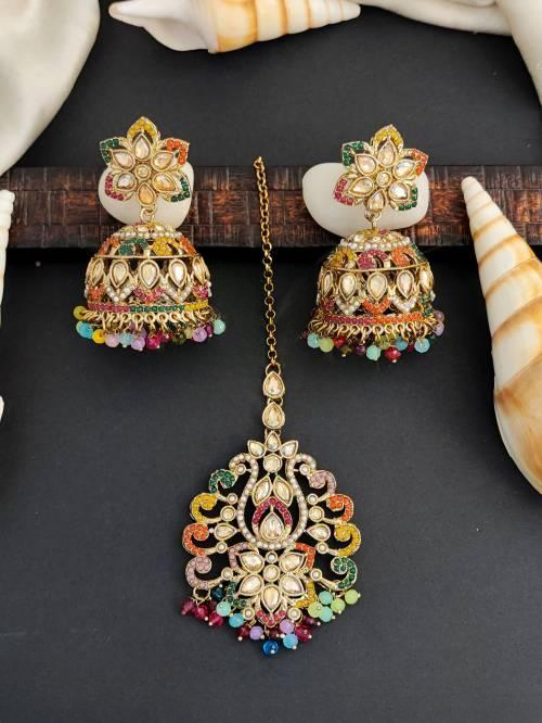 Antique Full Multi Stone Mehendi Polish Clustered Pearl Party wear Maang Tikka