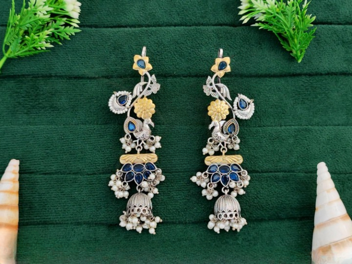 Long Fusion Oxidized Earrings with Floral and Peacock Motifs Blue Multicolor Stones and Pearl Jhumka Drops