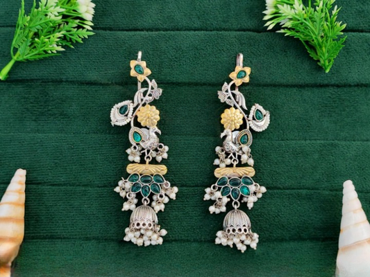 Long Fusion Oxidized Earrings with Floral and Peacock Motifs Green Multicolor Stones and Pearl Jhumka Drops