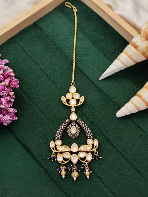 Kundan Full Stone High Gold Polish Party Wear Blue Maang Tikka
