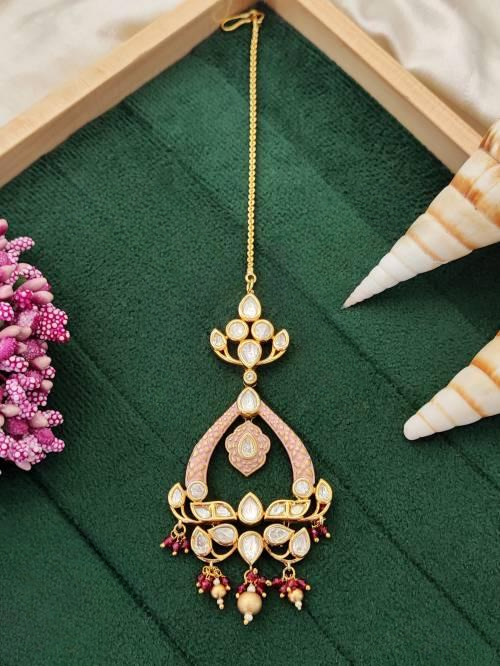 Kundan Full Stone High Gold Polish Party Wear pink Maang Tikka