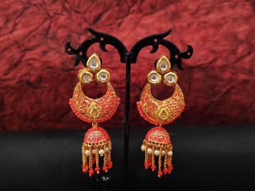 Beautiful Full Kundan Stone High Gold Polish Meenakari Neon Peach Earrings