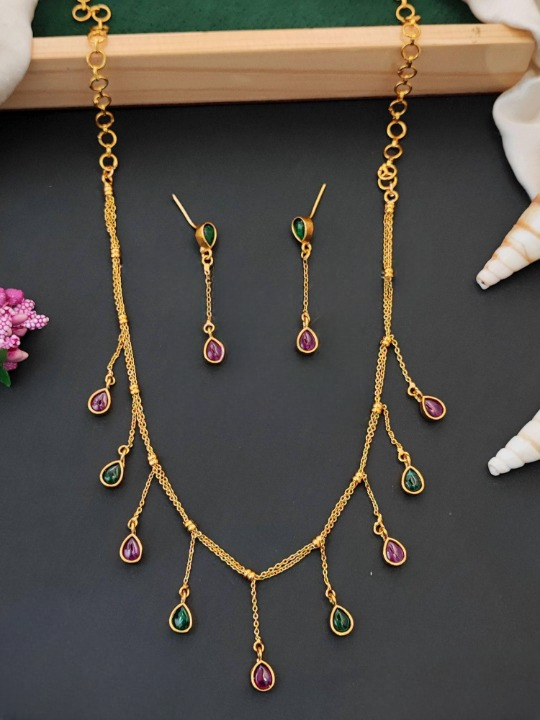 Kemp Designer Matte Gold Polish Full Stone Party Wear Necklace Set