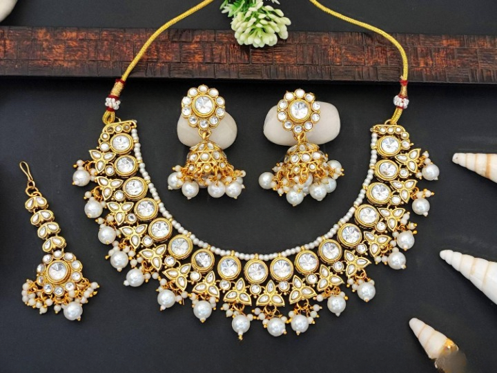 Beautiful High Gold Polish Clustered Pearl Party Wear Necklace Set