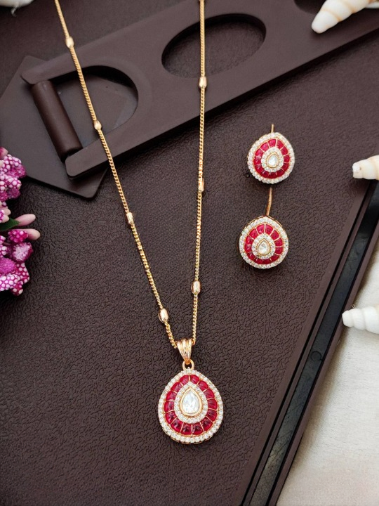 Kundan Designer High Gold Polish Fancy Style Ruby Pendant Set