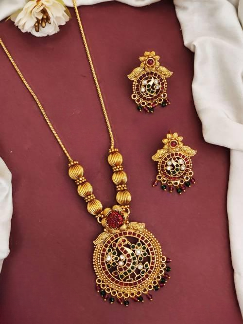 Antique Jewellery Designer Full Ruby Green Stone High Gold Polish Party Wear Pendant Set
