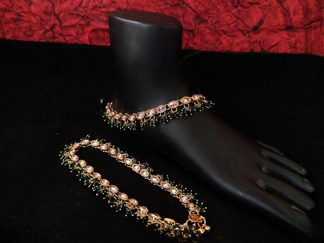 ANTIQUE DESIGNER BEAUTIFUL OVAL SHAPE FULL STONE MEHENDI POLISHED GREEN PAYAL