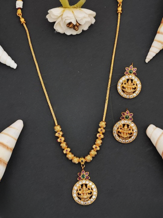 Laxmi Pendant Matte Gold Polish Designer Fancy Style Long Temple Jewellery Pendant Set