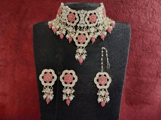 High Gold Polish Beautiful Designer Kundan Jewelry full white stones Clustered Pearl Party wear Choker Style Necklace Set with Maang Tikka