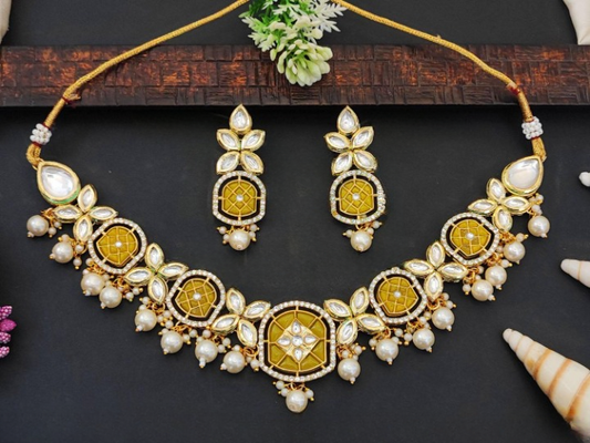 Kundan Designer Clustered Pearl High Gold Polish Necklace Set