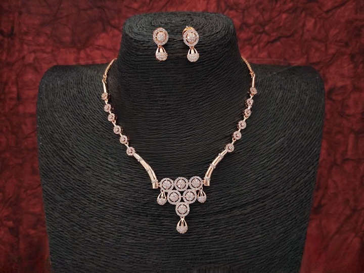 Fancy Design party wear Beautiful Rose Rodium Cz Ad Necklace Set