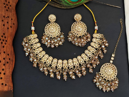 Beautiful Mehendi Full Stone Clustered Pearl Party Wear Necklace Set