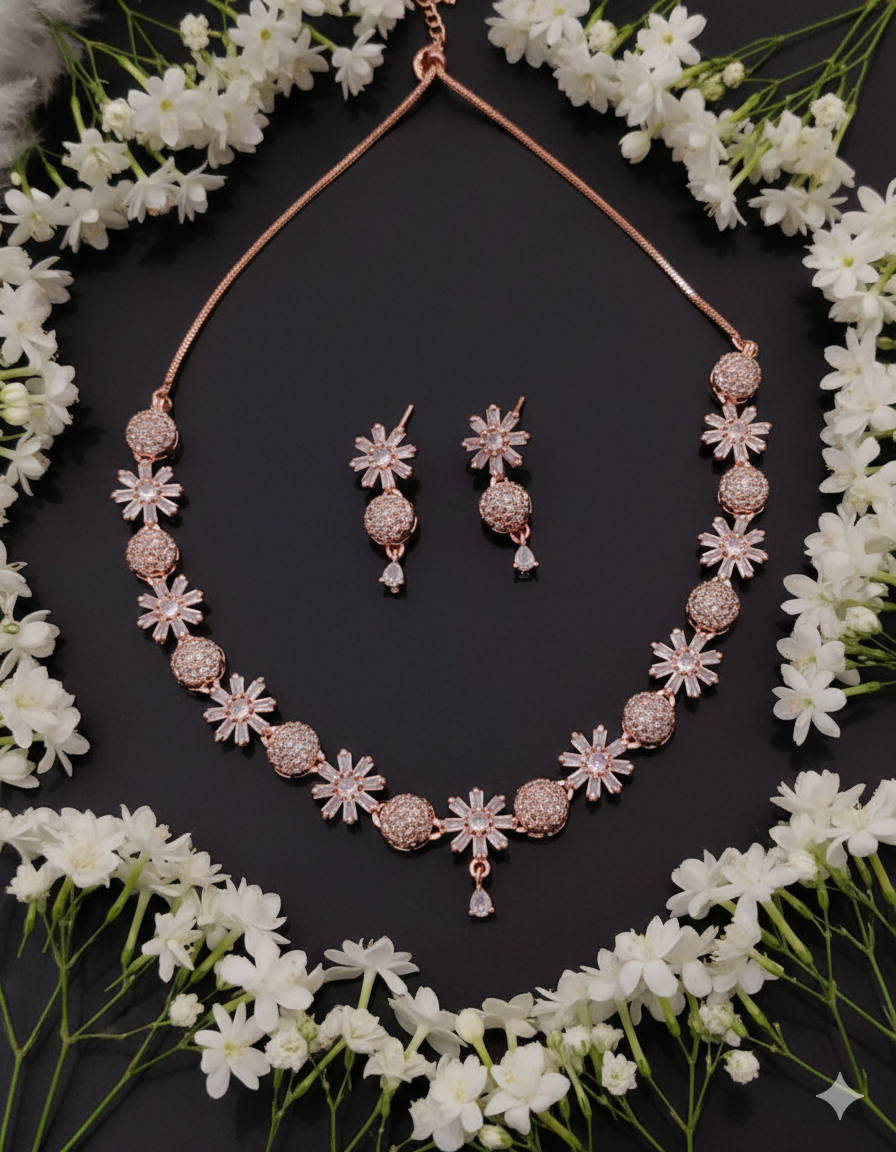 Rose Gold Floral Sparkle Necklace Set