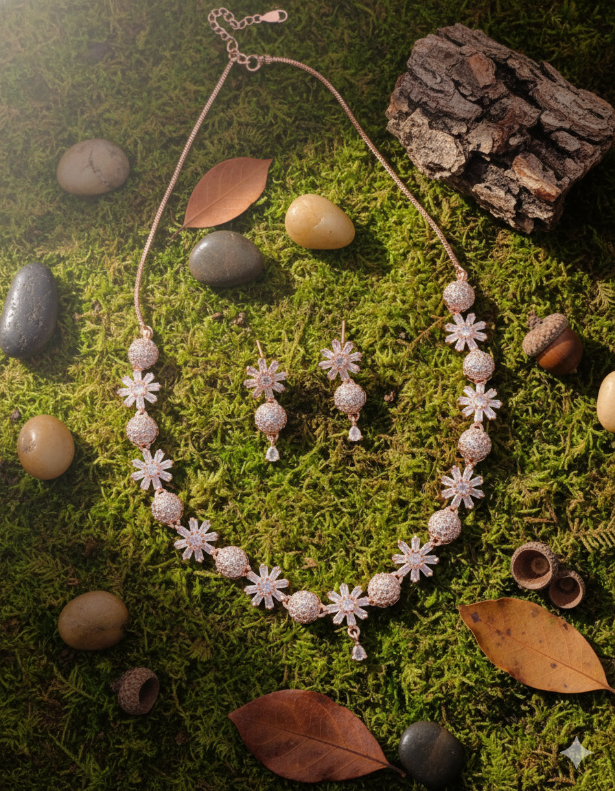 Rose Gold Floral Sparkle Necklace Set