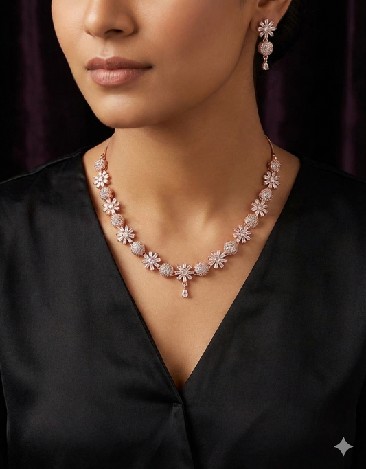Rose Gold Floral Sparkle Necklace Set