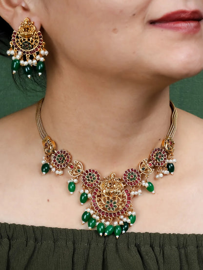 TRADITIONAL LAKSHMI TEMPLE NECKLACE SET WITH GREEN BEADS AND PEARLS