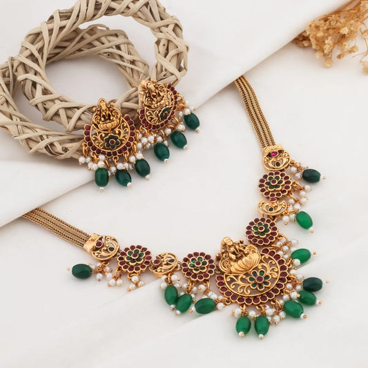 TRADITIONAL LAKSHMI TEMPLE NECKLACE SET WITH GREEN BEADS AND PEARLS