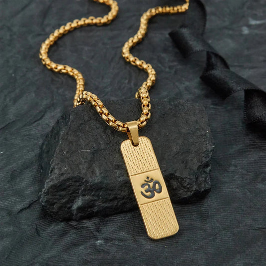 OM PENDANT WITH DOTTED PATTERN GOLD STAINLESS STEEL NECKLACE CHAIN FOR MEN (24 INCH)