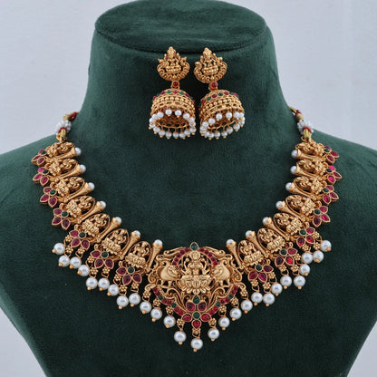 TRADITIONAL LAKSHMI TEMPLE NECKLACE SET WITH PEARL DROPS FOR BELLIZA JEWELS