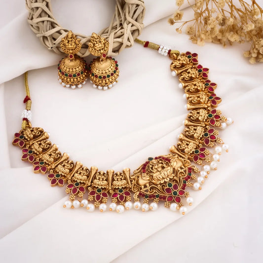 TRADITIONAL LAKSHMI TEMPLE NECKLACE SET WITH PEARL DROPS FOR BELLIZA JEWELS