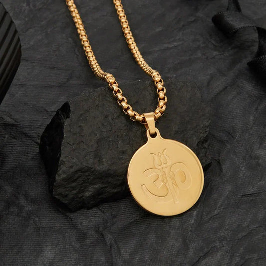 OM TRISHUL PENDANT GOLD STAINLESS STEEL NECKLACE CHAIN FOR MEN (24 INCH)