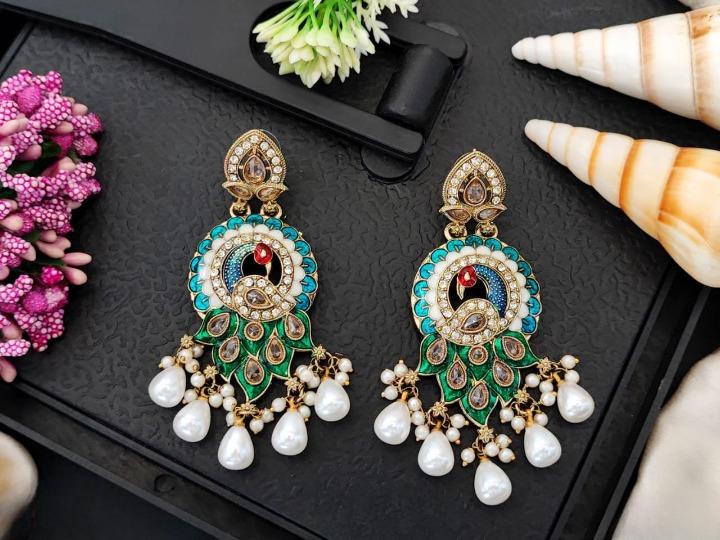 Designer Mehendi Polish Full Stone Clustered Pearl Party Wear Rama Green Earrings