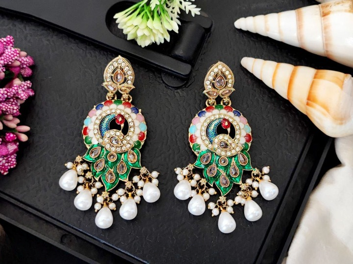 Designer Mehendi Polish Full Stone Clustered Pearl Party Wear Multi Earrings