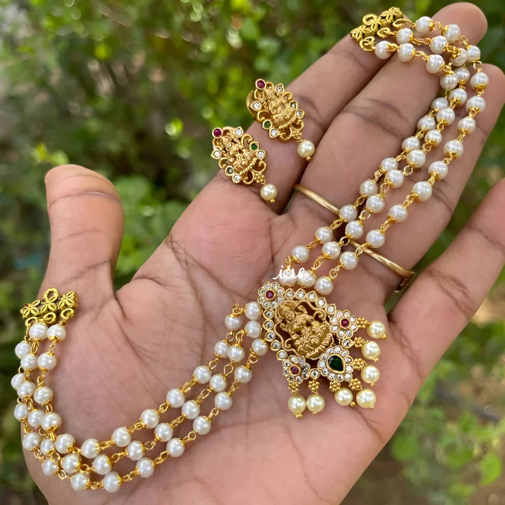 Triple Strand Pearl Necklace Set | Gold Finish Goddess Lakshmi Pendant | Pearl Choker Set