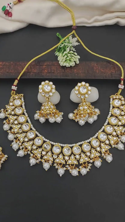 Kundan Clustered Pearl High Gold Polish Necklace Set