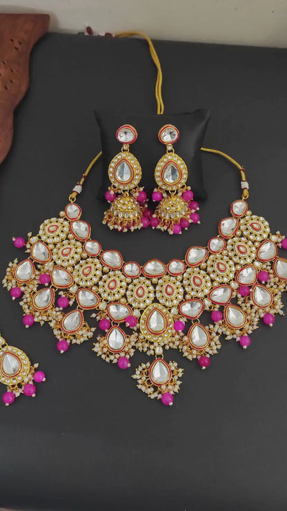 Kundan Jewellery High Gold Polish Designer Clustered Party Rani Necklace Set