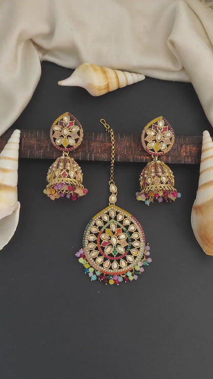 Antique Full Multi Stone Mehendi Polish Clustered Pearl Party wear Maang Tikka