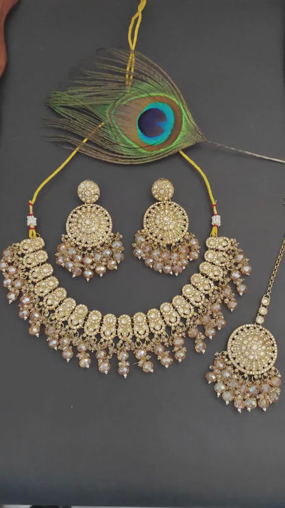 Beautiful Mehendi Full Stone Clustered Pearl Party Wear Necklace Set