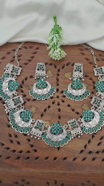 Oxidixed Silver Necklace Set with Chand and Flower Designs