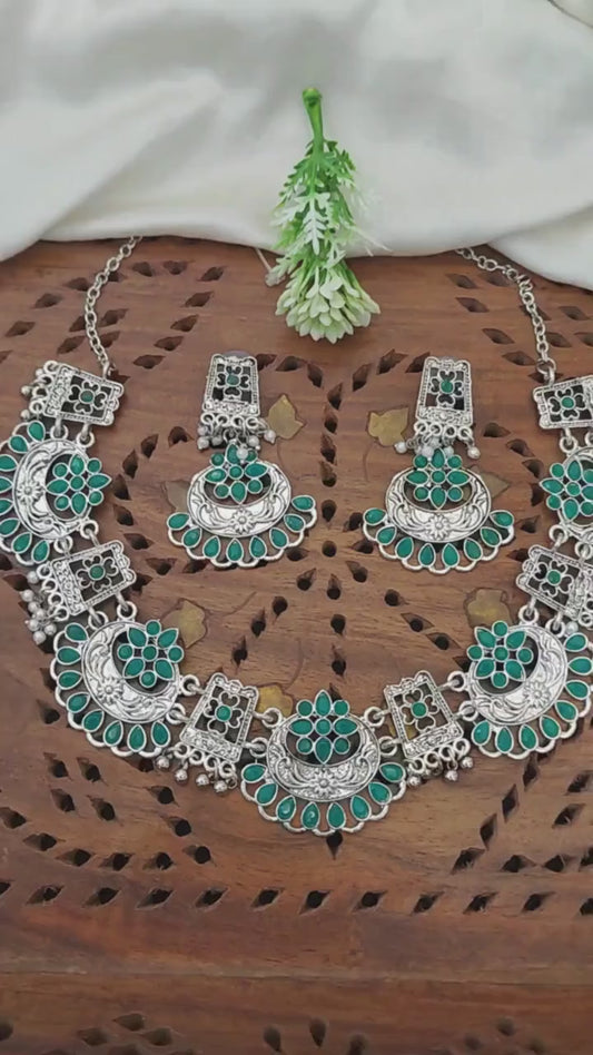 Oxidixed Silver Necklace Set with Chand and Flower Designs