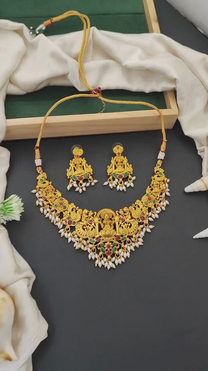 Lakshmi Temple Jewelry Set in Matte Gold Finish