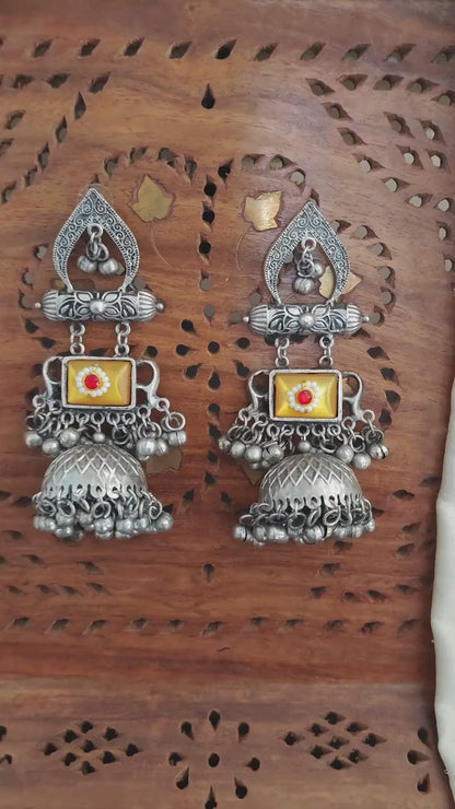 Designer Full Stone German Silver Jhumka Yellow Earrings