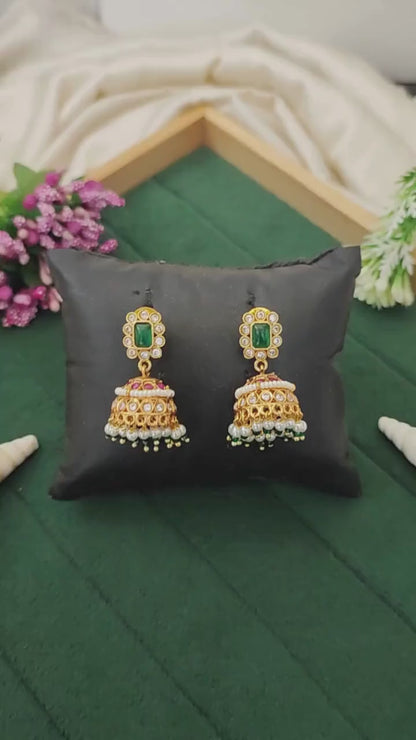 Antique Design High Gold Polish Fancy Green Jhumka Earrings