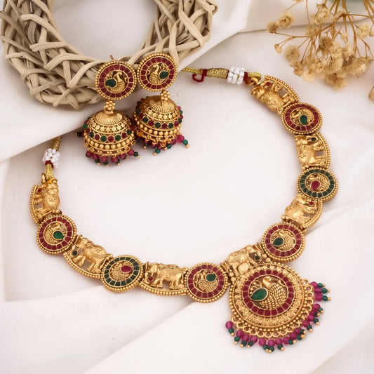 TRADITIONAL ELEPHANT MOTIF GOLD-PLATED NECKLACE SET WITH JHUMKA EARRINGS